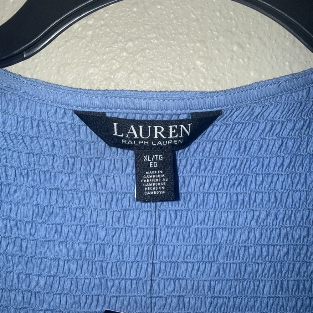 Lauren RALPH LAUREN Square Neck Smocked Blouse Sky Blue Size XL Stretchy NWT